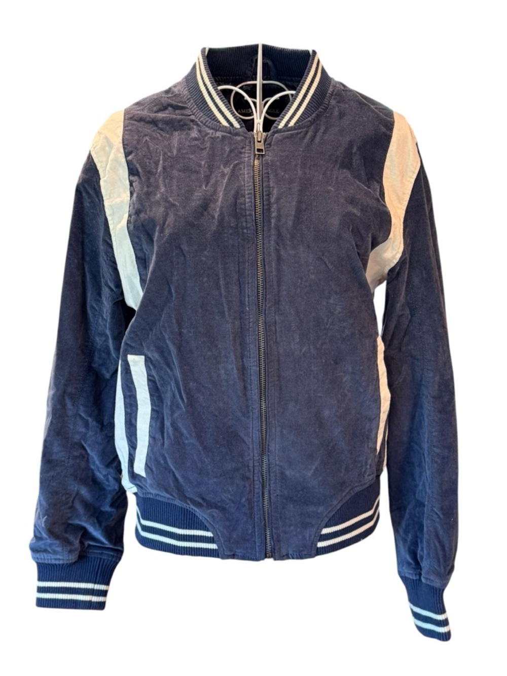 American Eagle Velvet Varsity Bomber Jacket Navy White Script Embroidered Small